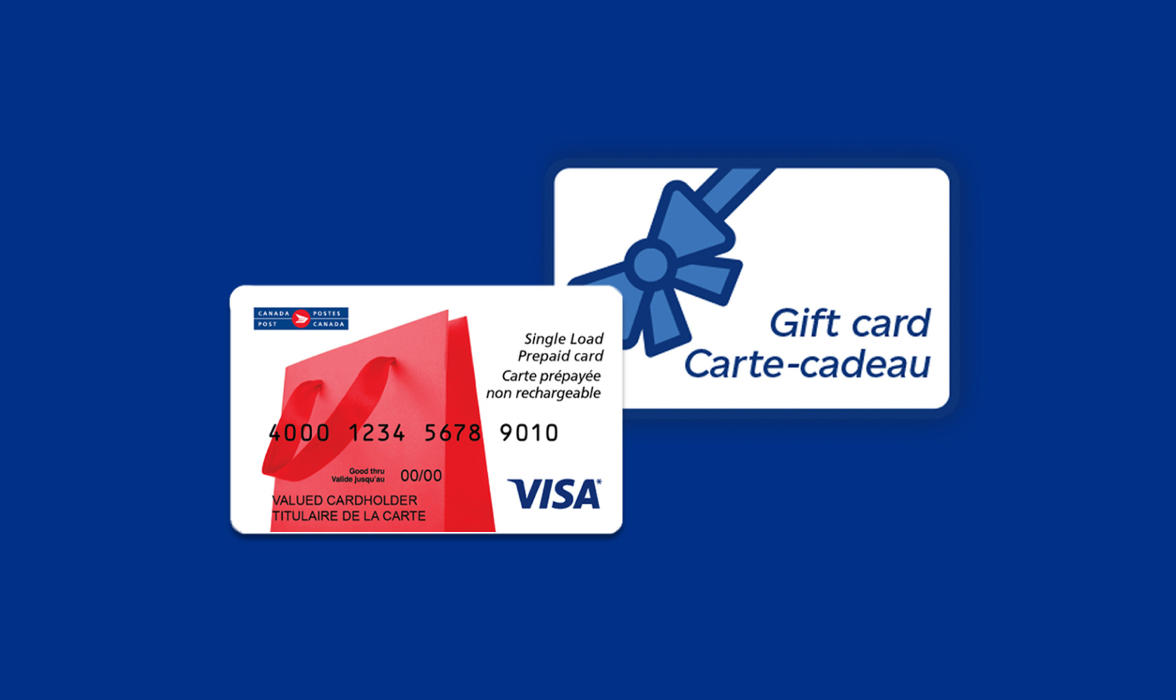 Une carte-cadeau avec une illustration de nœud bleu et une carte Visa prépayée non rechargeable de Postes Canada