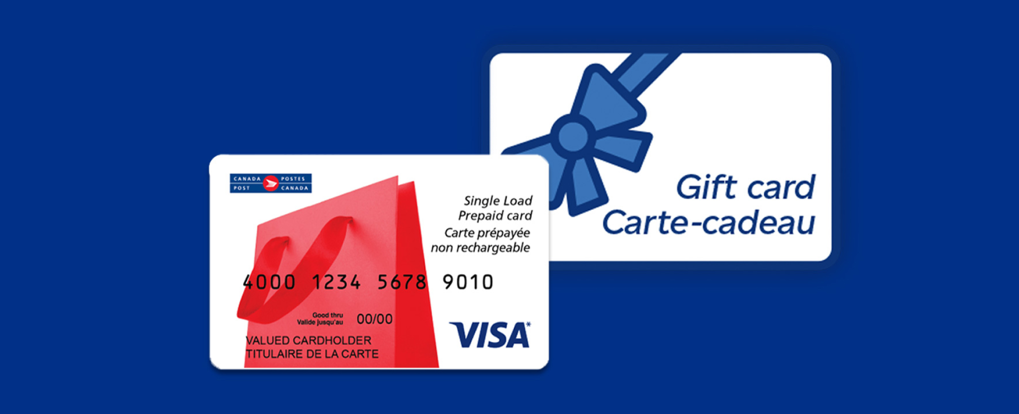 Une carte-cadeau avec une illustration de nœud bleu et une carte Visa prépayée non rechargeable de Postes Canada